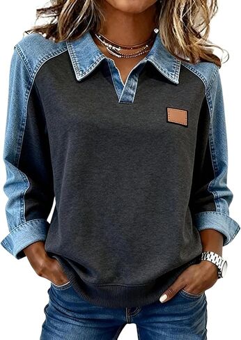 Women's Cool Patchwork Shirt Sweatshirts Collar Buttons Front Top Denim Shirt Women Bussiness Denim Shirts Denim Tops in Saudi Arabia