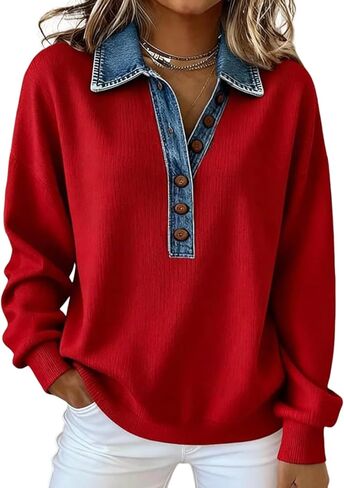 Women's Cool Patchwork Shirt Sweatshirts Collar Buttons Front Top Denim Shirt Women Bussiness Denim Shirts Denim Tops in Saudi Arabia