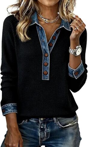 Women's Cool Patchwork Shirt Sweatshirts Collar Buttons Front Top Denim Shirt Women Bussiness Denim Shirts Denim Tops in Saudi Arabia