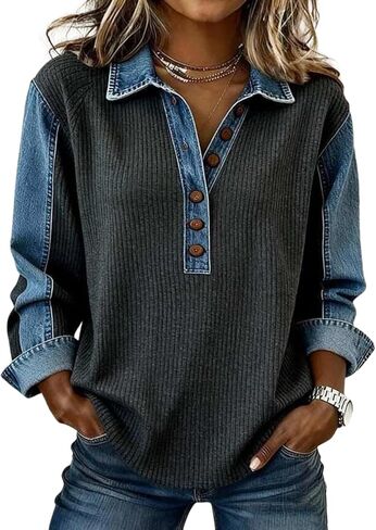 Women's Cool Patchwork Shirt Sweatshirts Collar Buttons Front Top Denim Shirt Women Bussiness Denim Shirts Denim Tops in Saudi Arabia