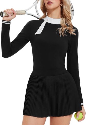 طقم تنورة تنس من قطعتين من AFZ للنساء بأكمام طويلة وسحاب خلفي وتنورة عالية الخصر مطوية للجولف، كرة بيكلبول in Kuwait