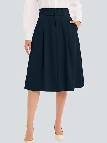 Casly Lamiit Women's Midi Skirt High Waist A Line Pleated Flare Business Casual Skirts with Pockets for Office Dating in Saudi Arabia