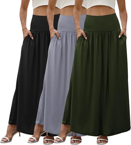 3 Pack Womens Maxi Skirts Elastic High Waist Pleated Flowy a Line Long Skirts for Curvy with Pockets in Saudi Arabia