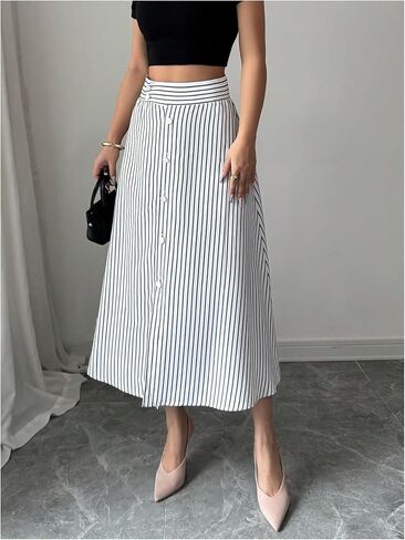 MakeMeChic Women's Skirts Trendy Summer Striped High Waist Button A Line Work Office Midi Skirts in Saudi Arabia