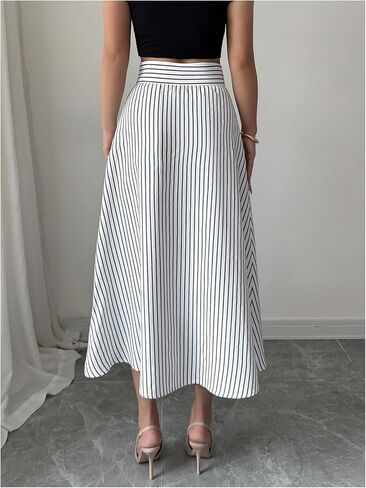 MakeMeChic Women's Skirts Trendy Summer Striped High Waist Button A Line Work Office Midi Skirts in Saudi Arabia