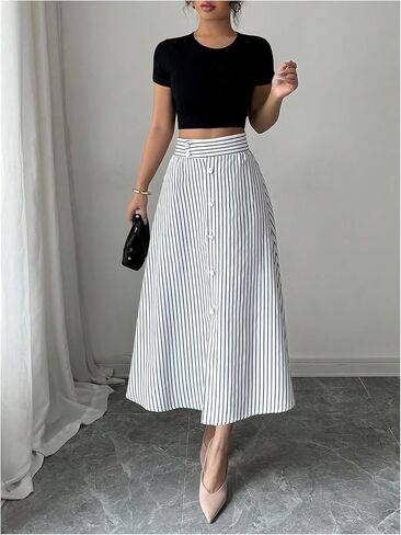 MakeMeChic Women's Skirts Trendy Summer Striped High Waist Button A Line Work Office Midi Skirts in Saudi Arabia