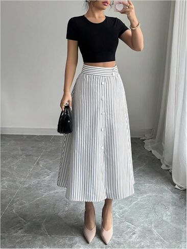MakeMeChic Women's Skirts Trendy Summer Striped High Waist Button A Line Work Office Midi Skirts in Saudi Arabia