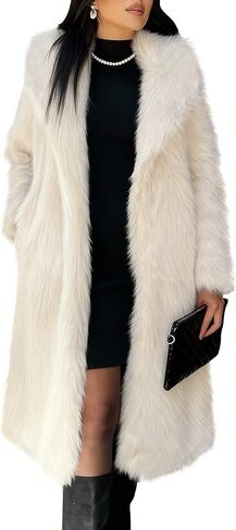 COZYPOIN Womens Long Faux Fur Coat Long Sleeve Lapel Furry Fur Jackets Winter Warm Fluffy Outerwear Shaggy Overcoat in Saudi Arabia