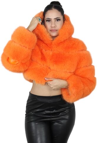 DLNYC - بوليرو بغطاء للرأس بطبقات من فرو الثعلب الصناعي، سترة قصيرة من الفرو الصناعي، سترة عصرية شتوية فاخرة in Kuwait