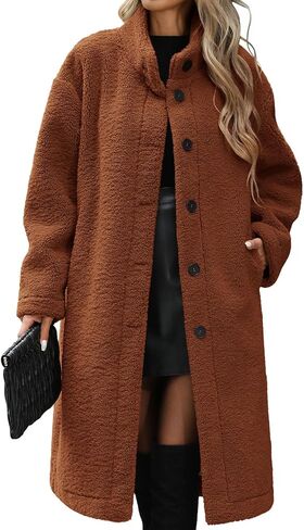 Long Fleece Coats for Women, Warm Faux Fur Jackets Button Down Winter Coats Textured Fleece Jackets with Pockets in Saudi Arabia