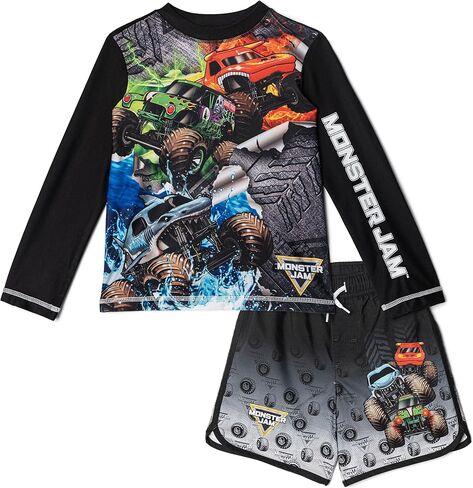 Monster Jam Rash Guard and Swim Trunks Outfit Set UPF 50+ Toddler to Little Kid Grave Digger El Toro Loco Megalodon in Saudi Arabia