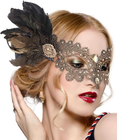 Halloween Feather Masquerade Masks - 1920s 50s Antique Lace Venetian Mask for Women Renaissance Cosplay Party in Saudi Arabia