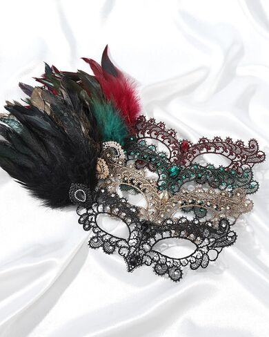 Halloween Feather Masquerade Masks - 1920s 50s Antique Lace Venetian Mask for Women Renaissance Cosplay Party in Saudi Arabia