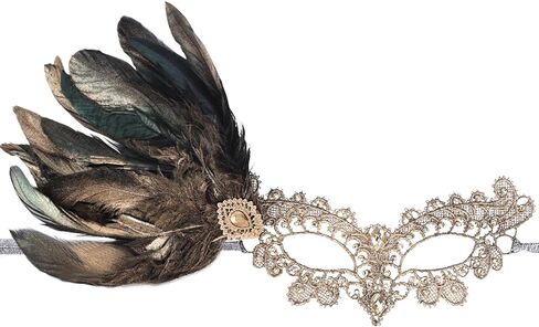 Halloween Feather Masquerade Masks - 1920s 50s Antique Lace Venetian Mask for Women Renaissance Cosplay Party in Saudi Arabia
