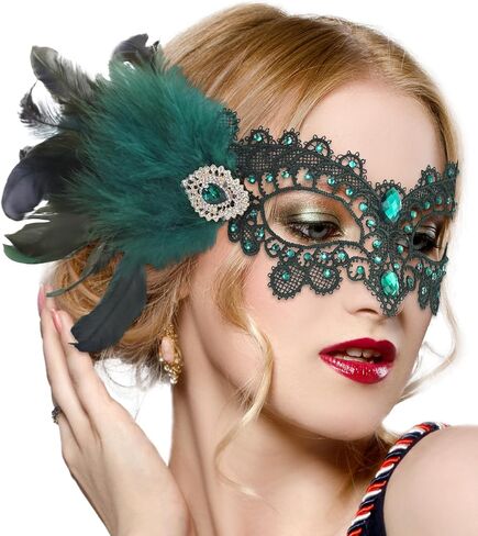 Halloween Feather Masquerade Masks - 1920s 50s Antique Lace Venetian Mask for Women Renaissance Cosplay Party in Saudi Arabia