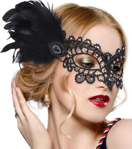 Halloween Feather Masquerade Masks - 1920s 50s Antique Lace Venetian Mask for Women Renaissance Cosplay Party in Saudi Arabia