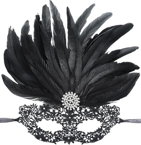 Halloween Masquerade Masks for Women - 1920s 50s Antique Lace Feather Venetian Mask for Mardi Gras Party Prom in Saudi Arabia