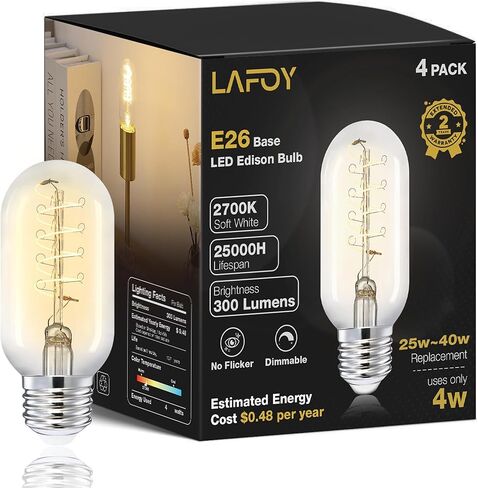 Vintage Edison LED Light Bulb 25 Watt Equivalent E26 Medium Base Dimmable Soft Warm 2200K Amber Antique T45 Small Old Fashioned Retro Rustic Style Standard 25W Bulb for Bathroom Dining Room Bedroom in Saudi Arabia