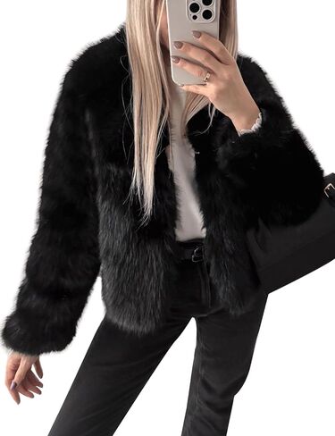 Flygo Women Faux Fur Coat Fluffy Long Sleeve Open Front Cropped Furry Jacket Shaggy 2025 Warm Winter Outwear with Pockets in Saudi Arabia
