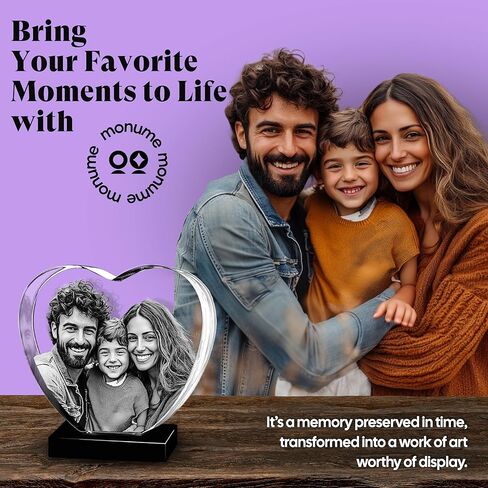 Monume Premium 3D Crystal Heart (متوسط) - صورة كريستالية مخصصة منقوشة بالليزر مصنوعة من زجاج شفاف - تتضمن قاعدة مضيئة وبطاقة تهنئة ثلاثية الأبعاد وسلسلة مفاتيح مطابقة in Kuwait