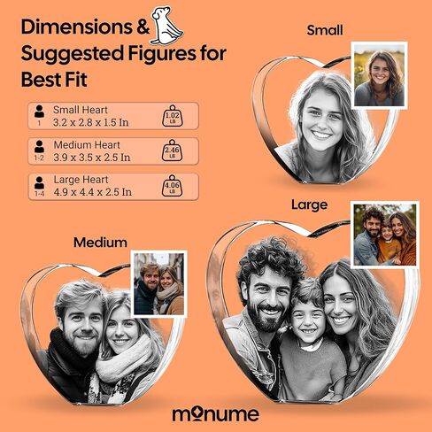 Monume Premium 3D Crystal Heart (متوسط) - صورة كريستالية مخصصة منقوشة بالليزر مصنوعة من زجاج شفاف - تتضمن قاعدة مضيئة وبطاقة تهنئة ثلاثية الأبعاد وسلسلة مفاتيح مطابقة in Kuwait