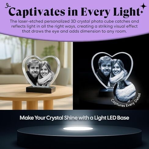 Monume Premium 3D Crystal Heart (متوسط) - صورة كريستالية مخصصة منقوشة بالليزر مصنوعة من زجاج شفاف - تتضمن قاعدة مضيئة وبطاقة تهنئة ثلاثية الأبعاد وسلسلة مفاتيح مطابقة in Kuwait