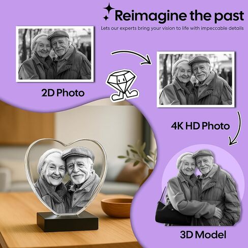 Monume Premium 3D Crystal Heart (متوسط) - صورة كريستالية مخصصة منقوشة بالليزر مصنوعة من زجاج شفاف - تتضمن قاعدة مضيئة وبطاقة تهنئة ثلاثية الأبعاد وسلسلة مفاتيح مطابقة in Kuwait