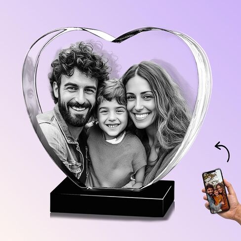Monume Premium 3D Crystal Heart (متوسط) - صورة كريستالية مخصصة منقوشة بالليزر مصنوعة من زجاج شفاف - تتضمن قاعدة مضيئة وبطاقة تهنئة ثلاثية الأبعاد وسلسلة مفاتيح مطابقة in Kuwait