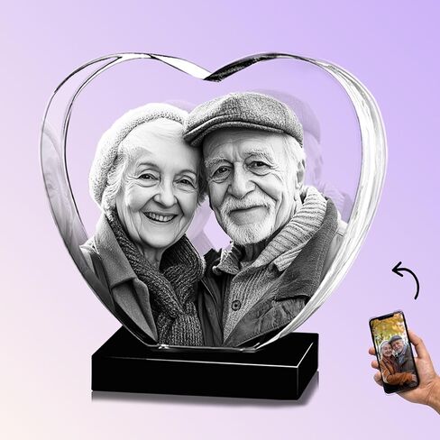 Monume Premium 3D Crystal Heart (متوسط) - صورة كريستالية مخصصة منقوشة بالليزر مصنوعة من زجاج شفاف - تتضمن قاعدة مضيئة وبطاقة تهنئة ثلاثية الأبعاد وسلسلة مفاتيح مطابقة in Kuwait