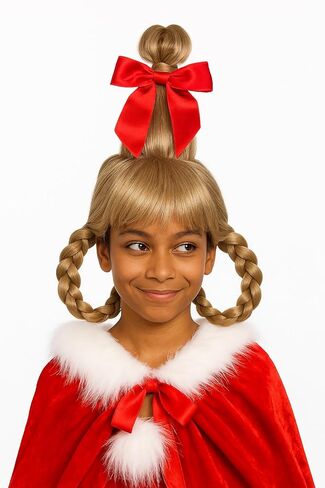 مجموعة My Cosplay Wigs Cindy Lou Who شعر مستعار وعباءة حمراء - زي عيد الميلاد مع شعر مستعار مجدول وقوس أحمر ورأس سانتا لحفلات العطلات والحفلات التنكرية in Kuwait