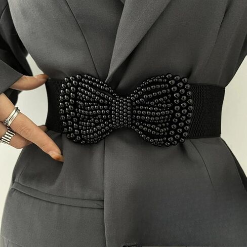 1pc Elegant Solid Elastic Waist Belt With Imitation Pearl Bow, Wide Classic Women's Dress Belt Suitable For Daily Wear And Parties in Saudi Arabia