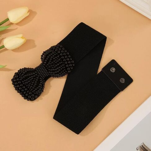 1pc Elegant Solid Elastic Waist Belt With Imitation Pearl Bow, Wide Classic Women's Dress Belt Suitable For Daily Wear And Parties in Saudi Arabia