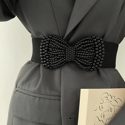 1pc Elegant Solid Elastic Waist Belt With Imitation Pearl Bow, Wide Classic Women's Dress Belt Suitable For Daily Wear And Parties in Saudi Arabia