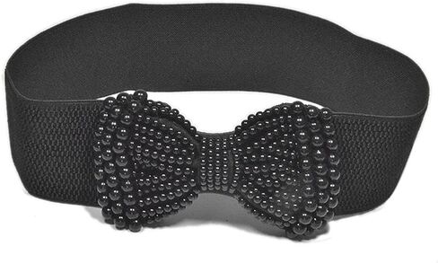 1pc Elegant Solid Elastic Waist Belt With Imitation Pearl Bow, Wide Classic Women's Dress Belt Suitable For Daily Wear And Parties in Saudi Arabia