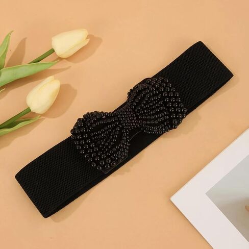 1pc Elegant Solid Elastic Waist Belt With Imitation Pearl Bow, Wide Classic Women's Dress Belt Suitable For Daily Wear And Parties in Saudi Arabia