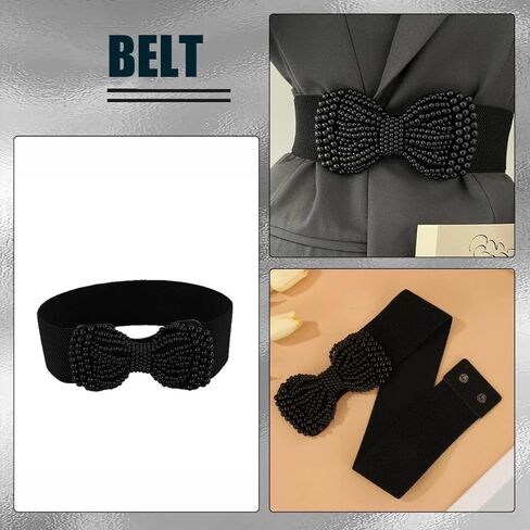 1pc Elegant Solid Elastic Waist Belt With Imitation Pearl Bow, Wide Classic Women's Dress Belt Suitable For Daily Wear And Parties in Saudi Arabia
