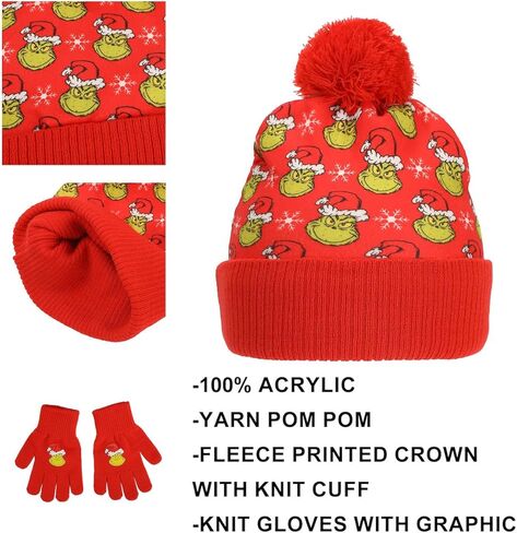 The Grinch All-Over Character Print Youth 2-Piece Knit Beanie & Gloves Set in Saudi Arabia