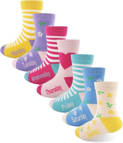 HONGTEYA 7 Pairs Girls Socks with 7 Days of the Week, Seamless Kids Crew Socks Soft Combed Cotton in Gift Box in Saudi Arabia