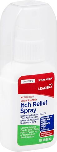 Leader Itch Relief Spray, Fast-Acting Anti-Itch Cooling with Diphenhydramine HCl & Zinc Acetate, Soothes Bug Bites, Poison Ivy, Sunburn, Minor Rashes, Skin Protectant, Topical Analgesic, 2 Fl Oz in Kuwait