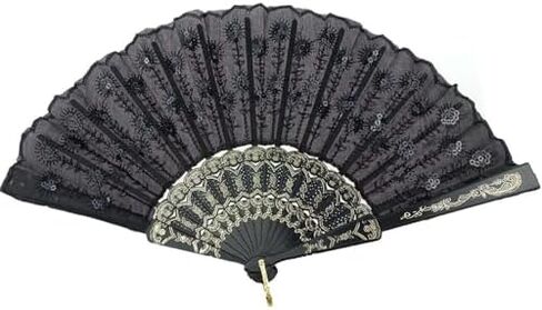 Elegant Black Lace Decorative Folding Fan with Golden Accents - Traditional Chinese Style Hand Fan for Weddings, Dance Performances and Cultural Displays in Saudi Arabia