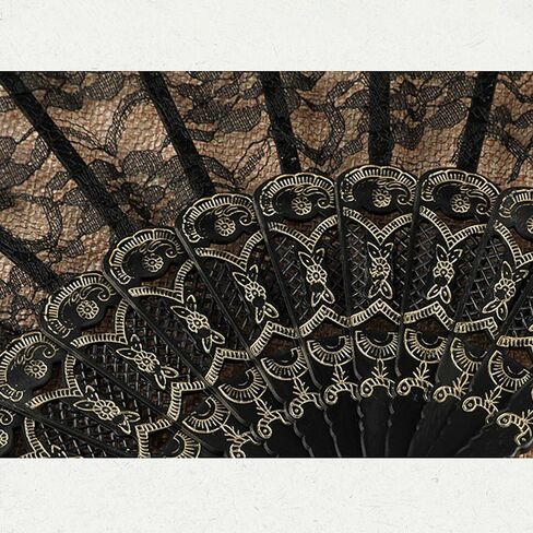 Elegant Black Lace Decorative Folding Fan with Golden Accents - Traditional Chinese Style Hand Fan for Weddings, Dance Performances and Cultural Displays in Saudi Arabia