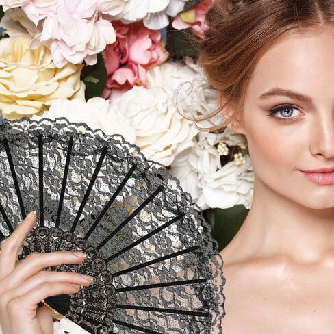 Elegant Black Lace Decorative Folding Fan with Golden Accents - Traditional Chinese Style Hand Fan for Weddings, Dance Performances and Cultural Displays in Saudi Arabia