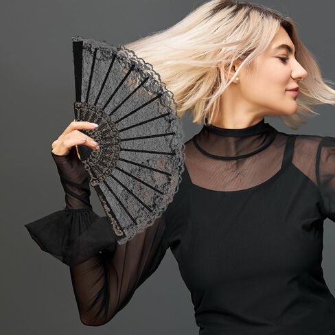 Elegant Black Lace Decorative Folding Fan with Golden Accents - Traditional Chinese Style Hand Fan for Weddings, Dance Performances and Cultural Displays in Saudi Arabia