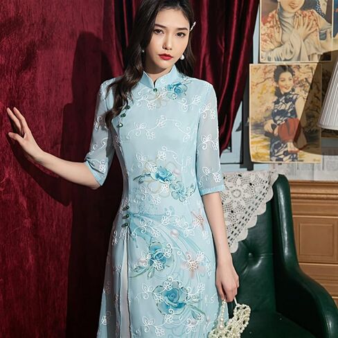 2024 Vietnamese Traditional Ao Dai for Women Chiffon Embroidered Cheongsam Chinese Dresses Two Colors Qipao Dress in Saudi Arabia
