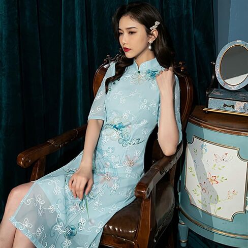 2024 Vietnamese Traditional Ao Dai for Women Chiffon Embroidered Cheongsam Chinese Dresses Two Colors Qipao Dress in Saudi Arabia
