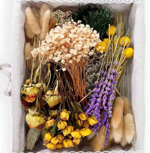 130Pcs DIY Mixed Natural Dried Flower Set, Preserved Flowers Bulk with Baby's Breath, Dried Roses, Eucalyptus Stems, Mini Handmade Flower Arrangement, Dried Flower for Home Decor in Kuwait