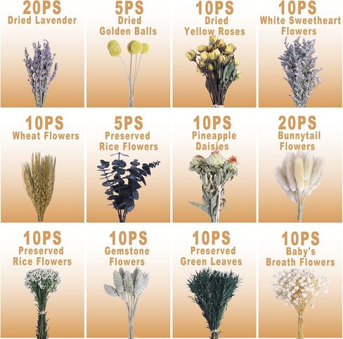 130Pcs DIY Mixed Natural Dried Flower Set, Preserved Flowers Bulk with Baby's Breath, Dried Roses, Eucalyptus Stems, Mini Handmade Flower Arrangement, Dried Flower for Home Decor in Kuwait