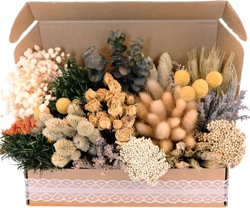 130Pcs DIY Mixed Natural Dried Flower Set, Preserved Flowers Bulk with Baby's Breath, Dried Roses, Eucalyptus Stems, Mini Handmade Flower Arrangement, Dried Flower for Home Decor in Kuwait