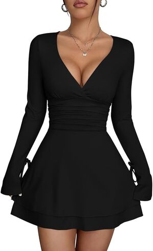 XXTAXN Women's Sexy Wrap V Neck Long Sleeve Flowy Hem A Line Ruched Waist Corest Mini Dress in Saudi Arabia