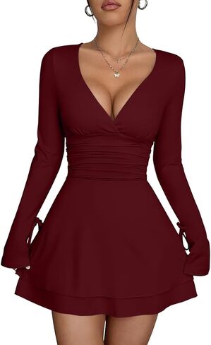 XXTAXN Women's Sexy Wrap V Neck Long Sleeve Flowy Hem A Line Ruched Waist Corest Mini Dress in Saudi Arabia